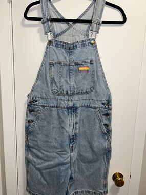 Levi's Light Blue Denim Short Overalls with Rainbow Patch
